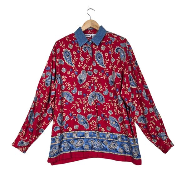 VTG Capacity Top Shirt Shacket M Red Blue Paisley Floral Mixed Denim Collar - Picture 1 of 16